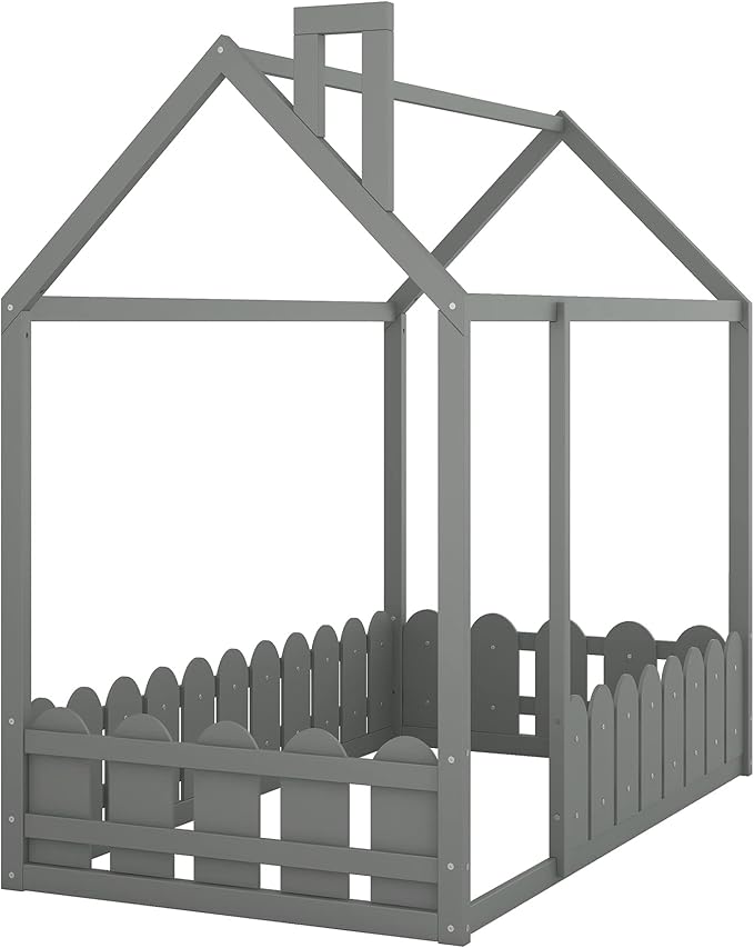 MERITLINE House Bed Wood Twin Bed Playhouse Bed Frame with Roof Twin Size House Bed for Girls Boys Kids, Box Spring Needed (Gray, Twin)