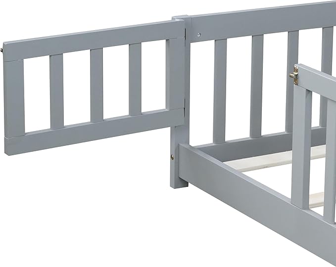 Bellemave Twin Size Floor Bed for Kids, Girls, Boys, Rubber Wood Floor Bed with slats and Door, Grey