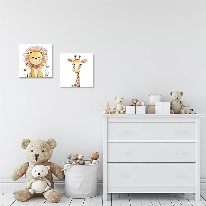 Baby Animal Framed Canvas Wall Art Set of 2 - Cute Baby Lion Giraffe Paintings Posters Woodland Animals Pictures Prints for Kids Room Bedroom Decor(Artwork-03, 16"x16"x2P)