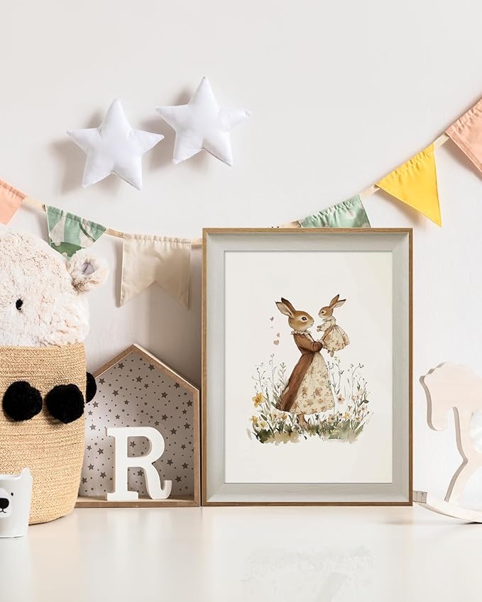 ARPEOTCY Framed Canvas Wall Art, 12x16 Inch Vintage Bunny Mom and Baby Rabbit Print, Nursery Wall Decor for Baby Room, Girls Bedroom or Mother's Day Gift