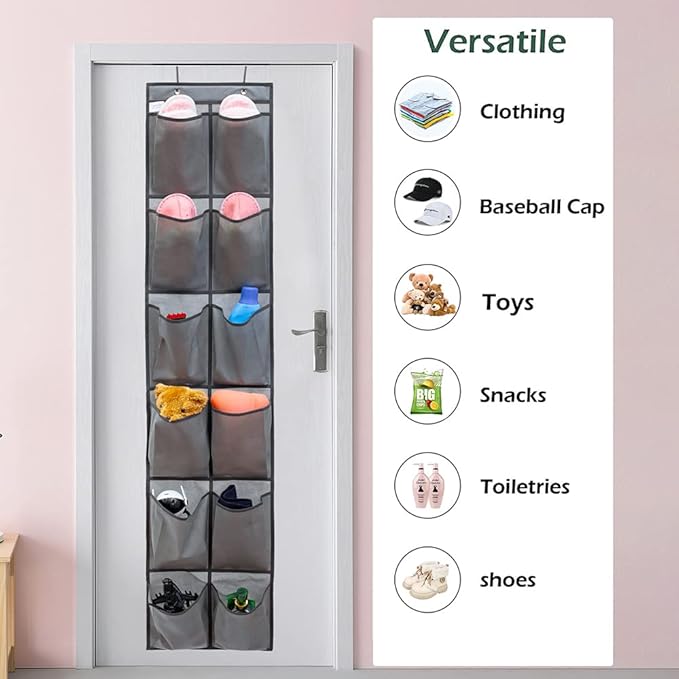 Hanging Storage Organizer Over the Door Shoes Organizer Kids Shoe Rack with 12 Large Fabric Pockets for Closet Shoe Holder Hanger (GREY)