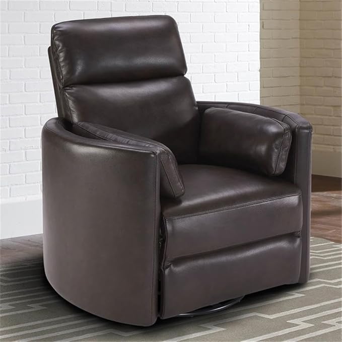 Pemberly Row Transitional Leather Power Cordless Swivel Glider Recliner in Brown with USB Charging Ports and 2 Comfort Pillows for Living Room
