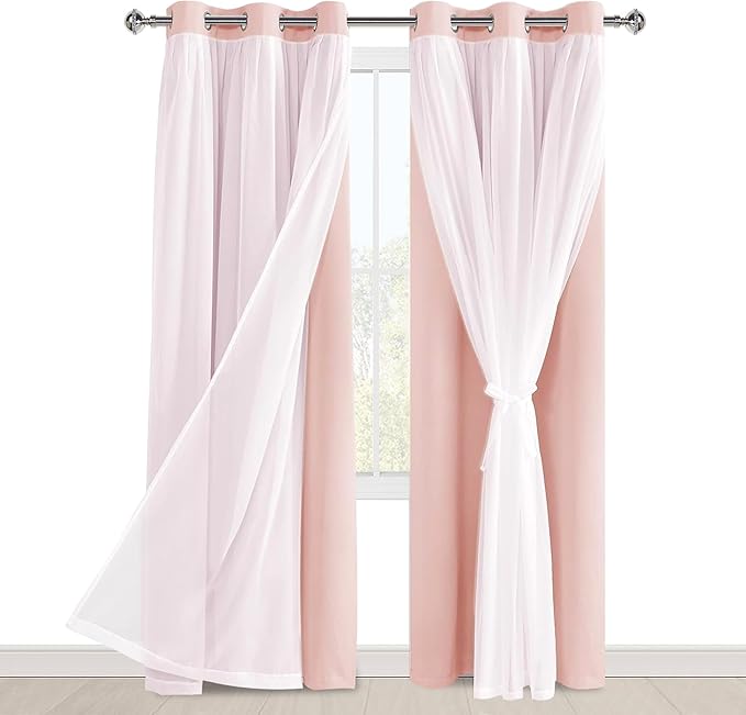 Hiasan Blackout Curtains with Sheer Overlay, Thermal Insulated Mix & Match Double Layer Room Darkening Window Curtains for Bedroom,Living Room,Nursery 2 Panels with Tiebacks (42W X 84L,Blush Pink)