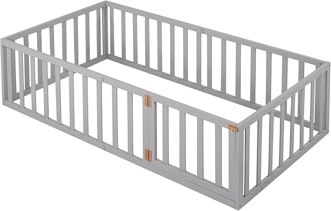 Merax Twin Floor Bed with Safety Guardrails and Door, Wood Montessori Floor Bed Frame for Kids, Twin Playhouse Bed Frame for Baby Girls and Boys, Grey