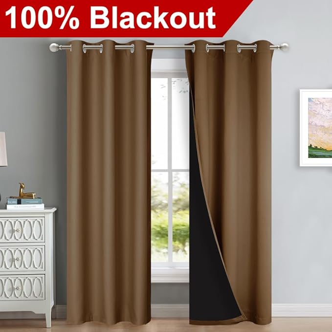 NICETOWN Gold Brown Full Shade Curtain Panels, 37" Wide x 84" Long, Pair of Thermal Insulated & Energy Efficiency Blackout Drapes for Living Room Windows, Lined Silky Performance Window Dressing