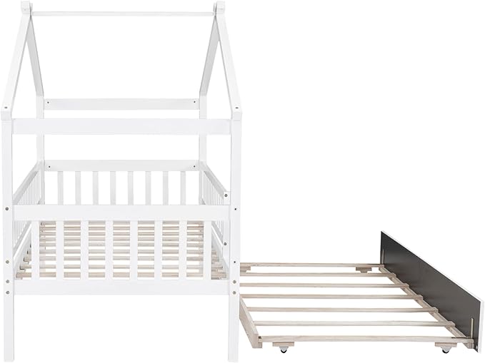 Merax Twin Size Wooden House Bed with Twin Size Trundle, Wood Bed Frame with Roof and Safety Guardrail for Kids, Teens, Boys or Girls, White