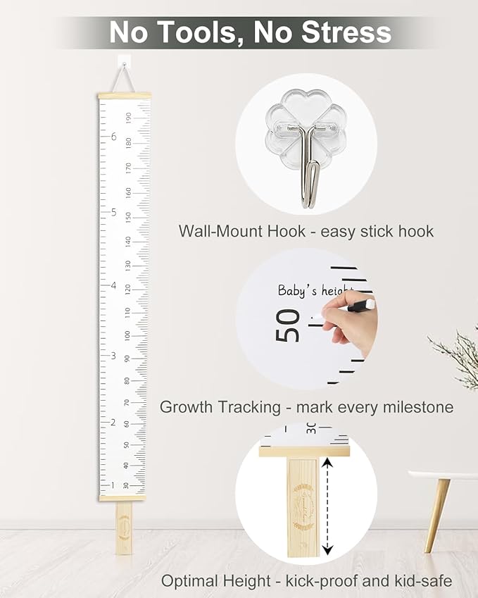 6.5FT Growth Chart for Kids with Wooden Keepsake Box - HZZHE Children Height Measurement Kit Includes Marker Pen & Wall Hook, Height Tracker Ruler Baby Essentials, Nursery Room Decor for Baby to Teen