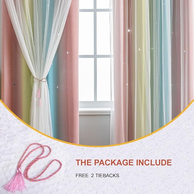 Star Girl and Kids Curtains for Bedroom Rainbow Ombre Double Layer Cute Shot Nursery Darkening Grommet Princess Room Décor 2 Panels Living Room Window Curtain （Blue Pink 52W x 95L）