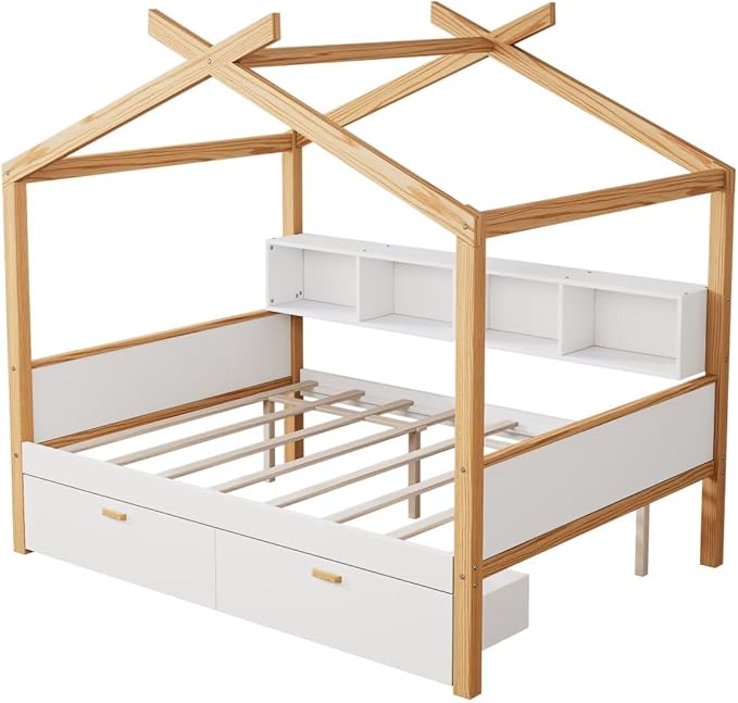 Full Size Wooden House Bed with Two Drawers and Bookshelf Storage Space, Original Wood Colored Frame with Roof and Slats Support for Kids Teens Girls Boys Bedroom (White+Drawers, Full)