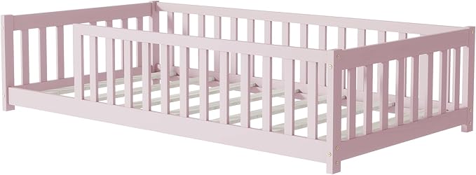 Ball & Cast Twin Size Montessori Floor Bed,Wooden Floor Bed Frame with Wood Slats,Montessori Toddler Bedframe W/Door and Safety Guardrails for Girls Boys,Bedroom,Playroom,No Box Spring Needed,Pink