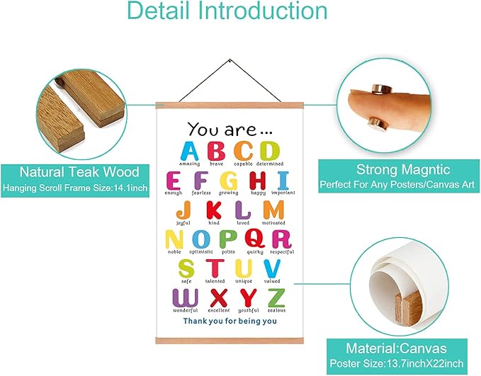 KAIRNE Colorful ABC Alphabet Art Print with Wood Magnetic Poster Hanger Frame, 35X56CM You are Amazing Positive Affirmation Words Canvas Wall Art for Home School Classroom Room Decor