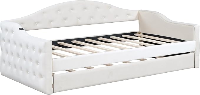 Bellemave Twin Size daybed Frame with Trundle for Adults, Kids, Girls, Teens, Tufted daybeds with Trundle for Living Room, Velvet, (Mattress not Included), Beige