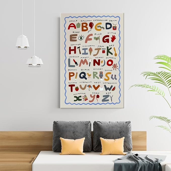 Cute First Illustration Alphabet Learning Canvas Print Posters Eclectic Nursery Wall Art Funny Boho Kids Educational Abc Chart Colorful Decor Picture for Toddlers Classroom Playroom 24x36inch Unframed