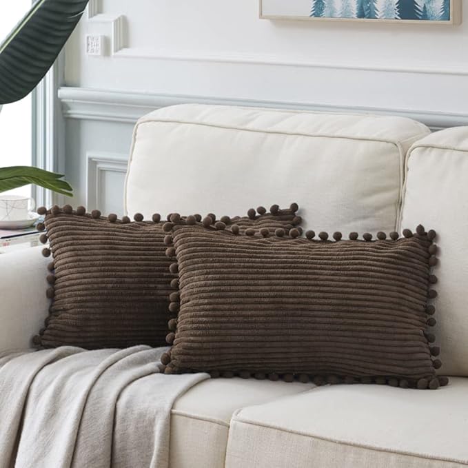 Fancy Homi 2 Pack Dark Brown Lumbar Decorative Throw Pillow Covers 12x20 Inch with Pom-poms for Couch Bedroom, Soft Corduroy Solid Rectangle Cushion Case 30x50 cm, Farmhouse Boho Home Decor