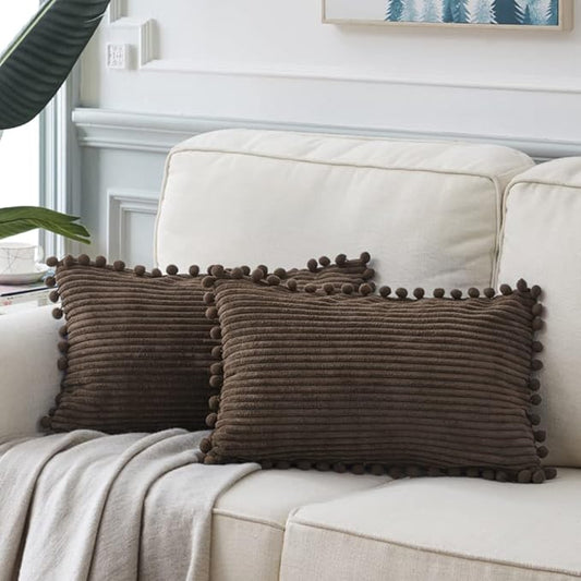 Fancy Homi 2 Pack Dark Brown Lumbar Decorative Throw Pillow Covers 12x20 Inch with Pom-poms for Couch Bedroom, Soft Corduroy Solid Rectangle Cushion Case 30x50 cm, Farmhouse Boho Home Decor