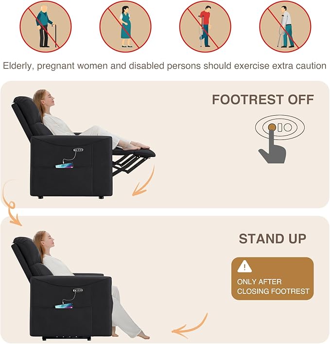 Adjustable Power Recliner Chair, Comfy PU Leather Electric Recliner Chair, Power Recliners with USB Port, Eco-Certified Small Recliners for Small Spaces Sofa Reclinable, Black