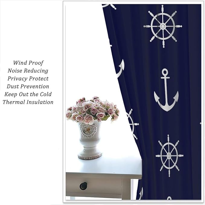 Nautical Rudder Curtains,MarineThemed Oceanic Anchor Pattern Blackout Print Home Bedroom Living Room Window Treatments 2 Panel Set 55x63 Inch