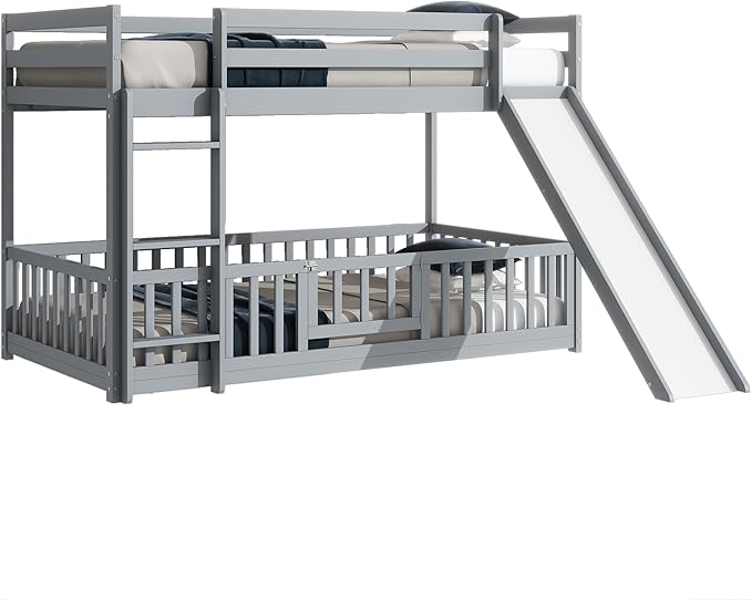 Twin Over Twin Bunk Bed with Slide and Ladder, Wood Floor Bunk Bed Frame with Door and Safety Guardrails for Kids Teens Boys Girls, No Box Spring Needed