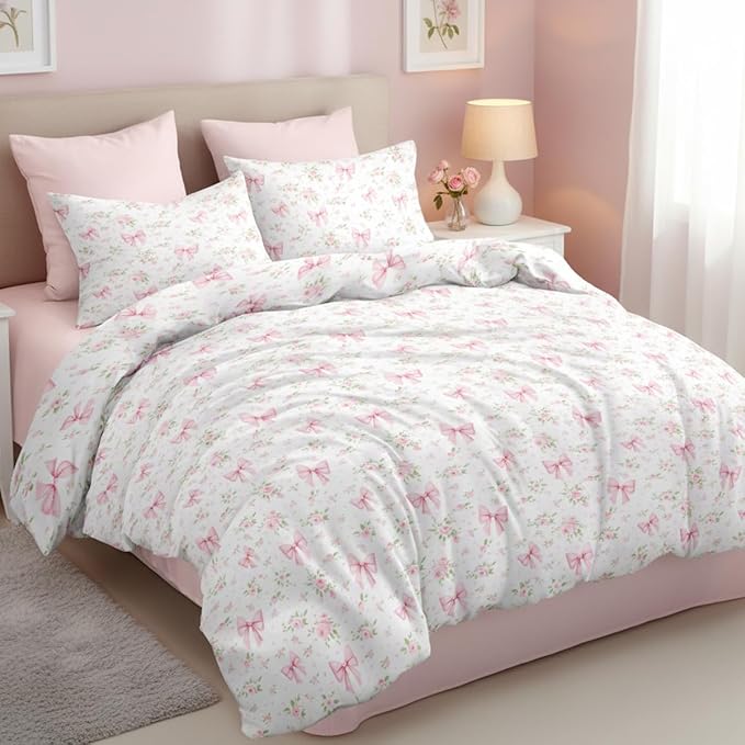 Duvet Cover Twin 2Pcs Pink Floral Bow Bedding Set for Girls Kids,Cute Princess Style Bowknot Bedding,Ultra Soft Garden Flower Bedding with 1 Pillowcase(No Comforter)