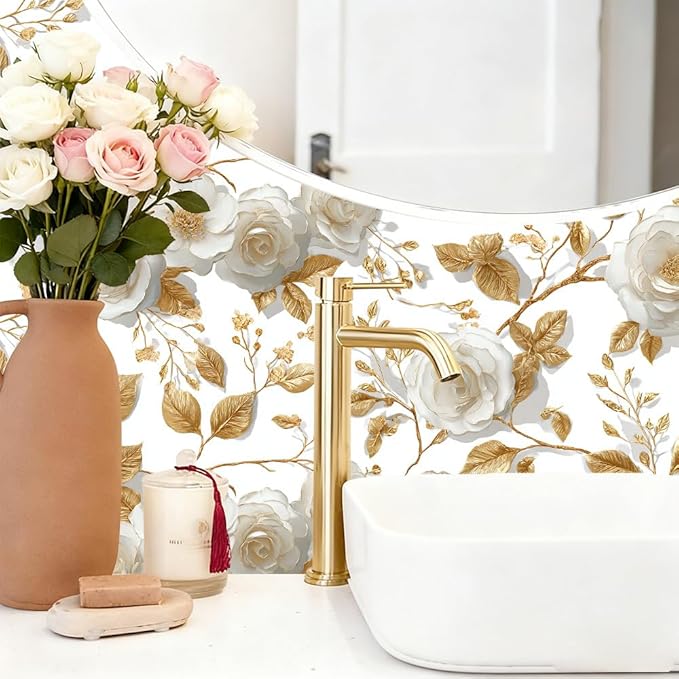 Gold Leaf Flower PVC Wallpaper Sticker 39.37x15.75 Inch White Blossom and Branch Pattern Self Adhesive Decorative Wall Decal for Living Room Bedroom Luxury Home Decor