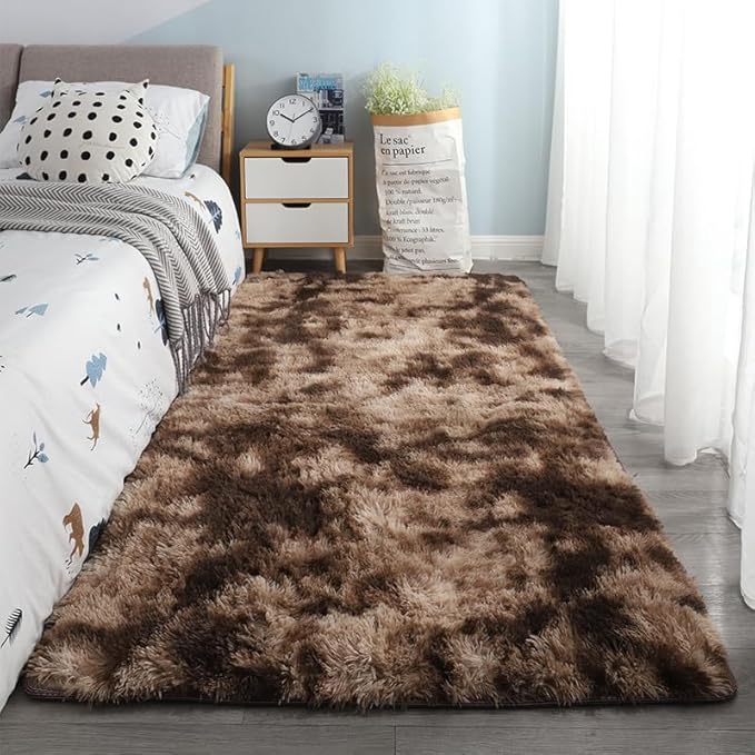 DweIke Fluffy Brown Rugs for Bedroom Living Room, 5x8 Feet Soft Plush Shaggy Tie-Dyed Dark Coffee Girls Boys Kids Rug, Upgraded Non-Slip and Machine Washable Carpet for Dorm Nursery Classroom Decor