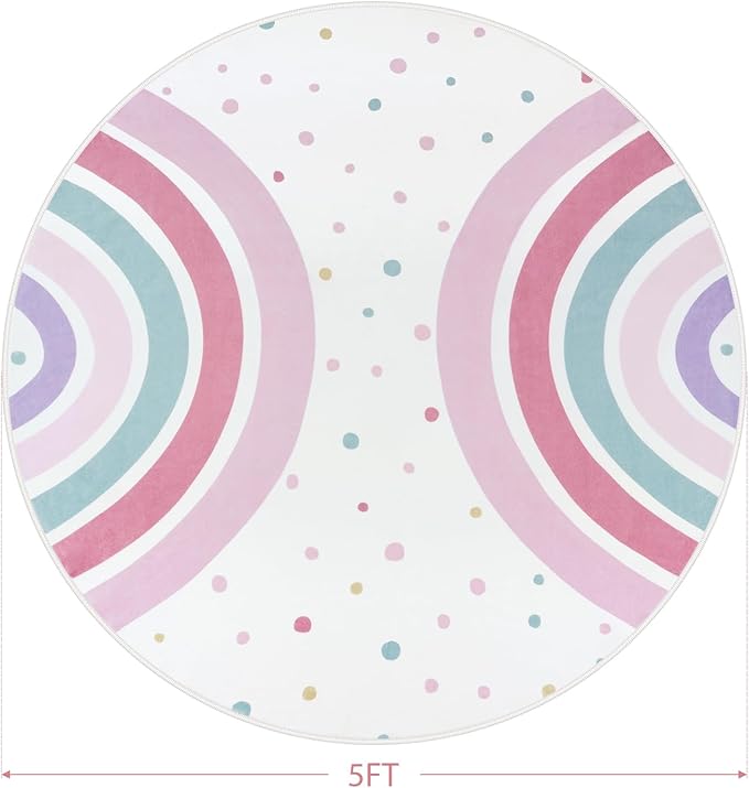 STARUIA Pink Round Rug for Girls, 5 Ft Rainbow Kids Rug for Nursery, Colorful Washable Rugs for Bedroom, Non-Slip Circle Time Rugs Soft Polka Carpet for Kids Room Princess Castle