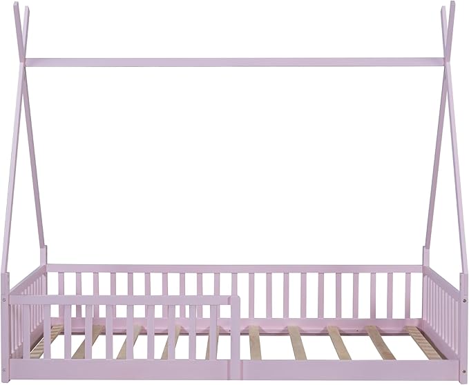 Merax Twin Size House Platform Frames Bed Floor Bed with Fence for Boys or Girls, No Box Spring Needed(Slats Kit Included), Pink