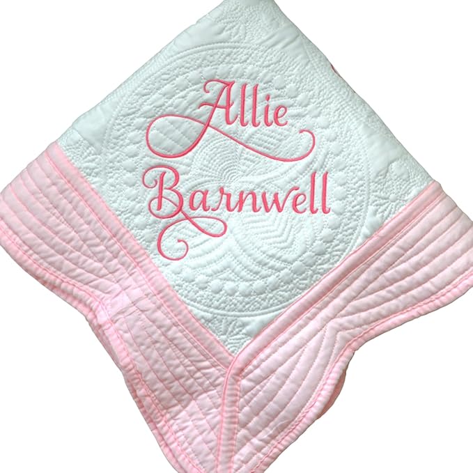 Personalized Baby Bed Blanket Quilt with Name Date Newborn Gift Girl Boy Crib Size White Custom Pink Blue White Embroidered Nursery
