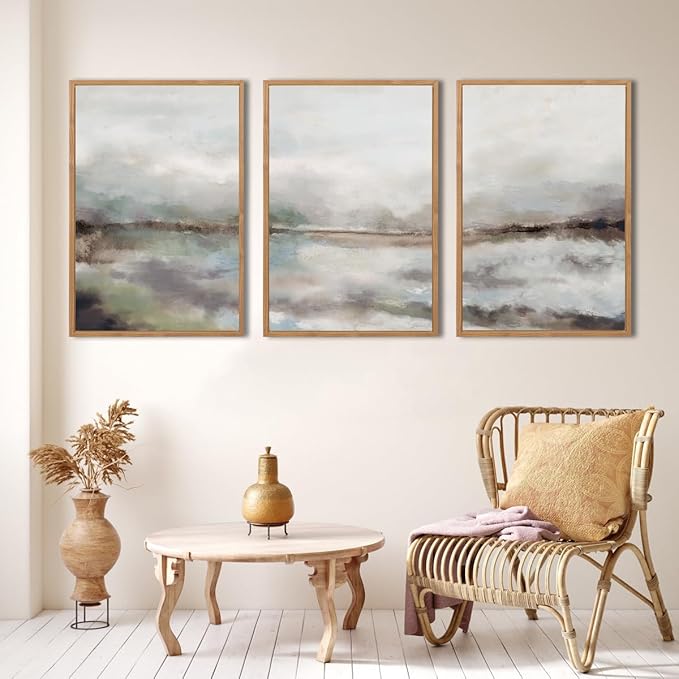 Large Abstract Neutral Wall Art Framed Modern Grey Artwork for Living Room Bedroom Bathroom Decor 16x24 Inch Set of 3