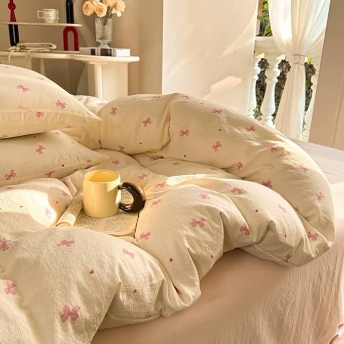 Bow Duvet Cover Queen Size Pink Bowknot Duvet Cover Set with Heart Printed 3 Pcs Kids Boys Girls Princess Style Cute Bows Reversible Bedding Set with Zipper Closure