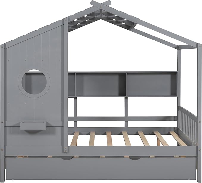 Harper & Bright Designs Full Size Modern House Bed with Roof, Wooden Twin Kids House Bed Frame with Trundle and Storage Shelf, Gray