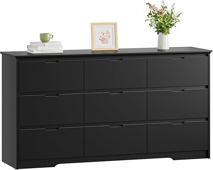 CARPETNAL 9 Drawer Black Dresser for Bedroom with Deep Drawers, Large Dressers & Chest of Drawers Handle Free, Modern Long Dressers for Closet Bedroom, Living Room (59.25" W x 15.9" D x 31.9" H)