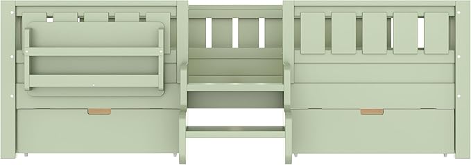 Bellemave Twin Size Kids Bed with high Rails and with Built-in Bookshelf and Drawers for Kids, Girls, Boys, Wood Montessori Bed Without Door, Avocado Green