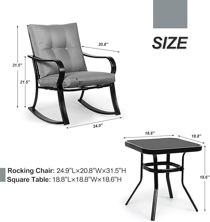 Oakcloud Oakmont Outdoor Furniture 3 Piece Conversation Bistro Set Rocking Chairs and Glass Top Table, Thick Cushions, Black Steel (Grey)