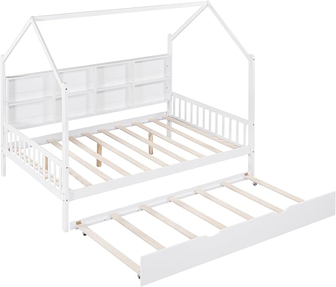 Harper & Bright Designs Full House Bed with Trundle, Wood Kid Daybed Frame with Storage Shelves for Kids, Teens, Solid Wood Structure & House-Shaped, White