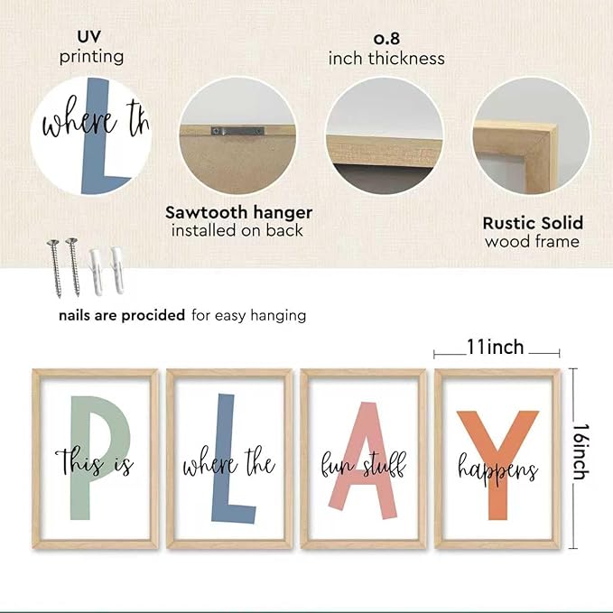 YWJKWLGS This Is Where The Fun Stuff Happens Kids Playroom Wall Decor 16"x11" Set of 4 Nursery Interesting Modren Wood Framed Let's Play Prints Sign for Boy Toddler Children Wall Hanging Art (Wood)