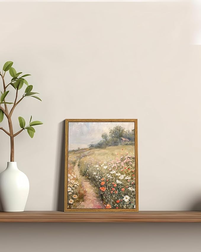 ARPEOTCY Vintage Framed Floral Wall Art, Bedroom Bathroom Country Flower Fields Art Decor, Canvas Print Retro Paintings, Home Rustic Landscape Farmhouse Decor, 8x10 Inch