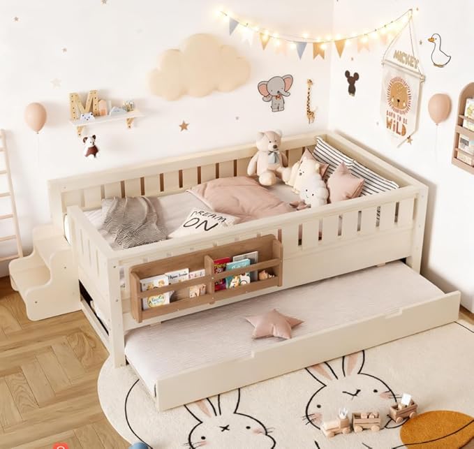 Bellemave Twin Size Kids Bed with high Rails and with Built-in Bookshelf and Trundle for Kids, Girls, Boys, Wood Montessori Bed Without Door, Beige