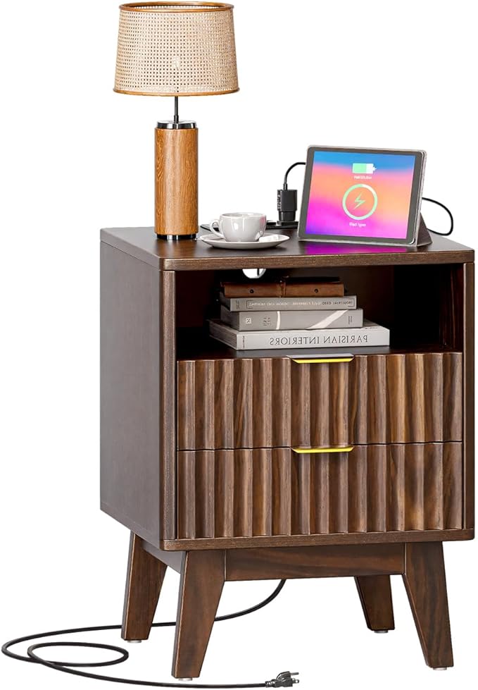 Nightstands with Charging Station, Modern Fluted 2 Drawers End Tables, Side Tables with Storage Shelf for Bedroom, Office, Walnut