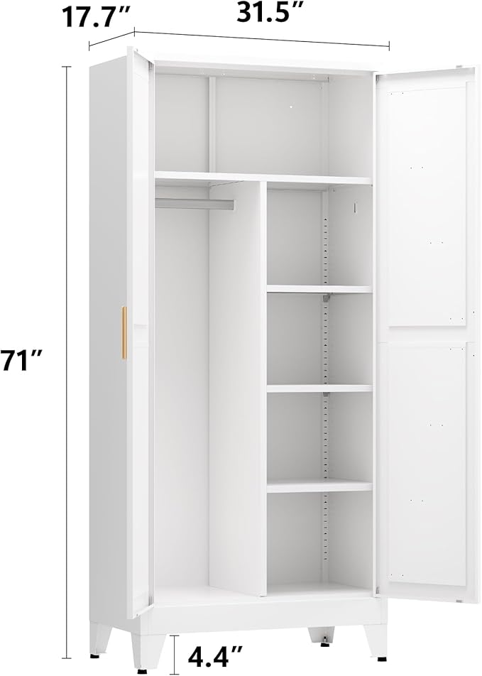 Metal armoire Wardrobe Closet with Hanging Rod,71'' Metal Wardrobe Cabinet with 2 Doors and 4 Adjustable Shelves, Bedroom armoires,Laundry Room cabinets,armario de ropa Closet(Modern, White)