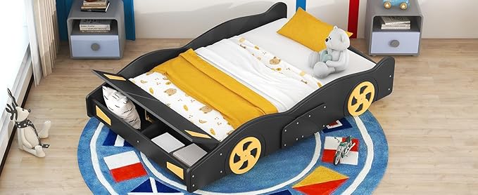 Full Size Race Car-Shaped Platform Bed Bedframe with Wheels and Storage, 90.6" L x 55.3" W x 15.7" H Black+Yellow