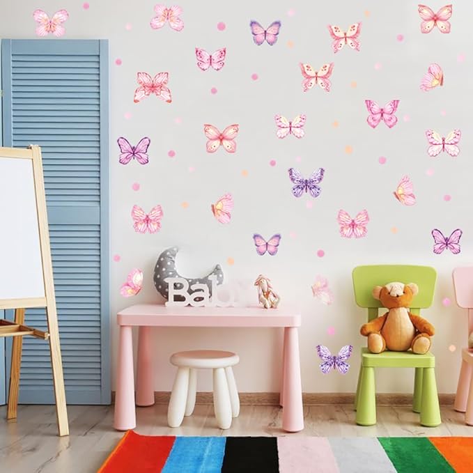 Pink Butterfly Wall Stickers,Butterflies with Plot Dots Vinyl Wall Decals, Removable Butterfly DIY Wall Art for Girl Bedroom Nursery Room Decor