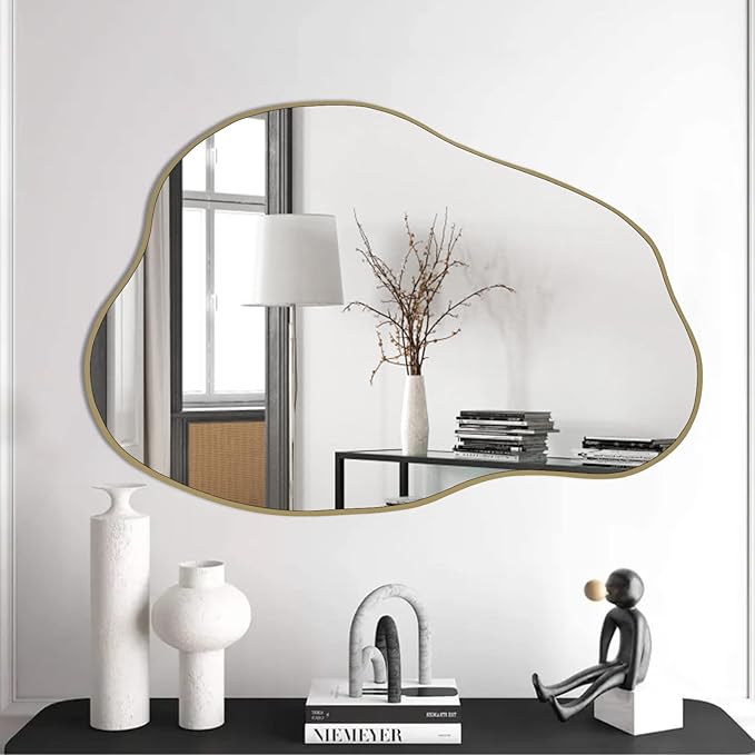POZINO Gold Irregular Mirror, 30"x20.5" Cloud Shaped Mirrors, Unique Asymmetrical Wall Mirror, Modern Frameless Wall Mirrors for Living Room Bathroom Bedroom Entryway