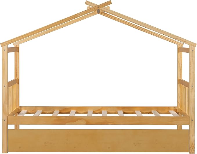Harper & Bright Designs Twin House Bed for Kids, Wood Platform Bed with Trundle, Montessori Bed with Roof, Playhouse Trundle Beds for Kids,Teens, Bedroom, Natural