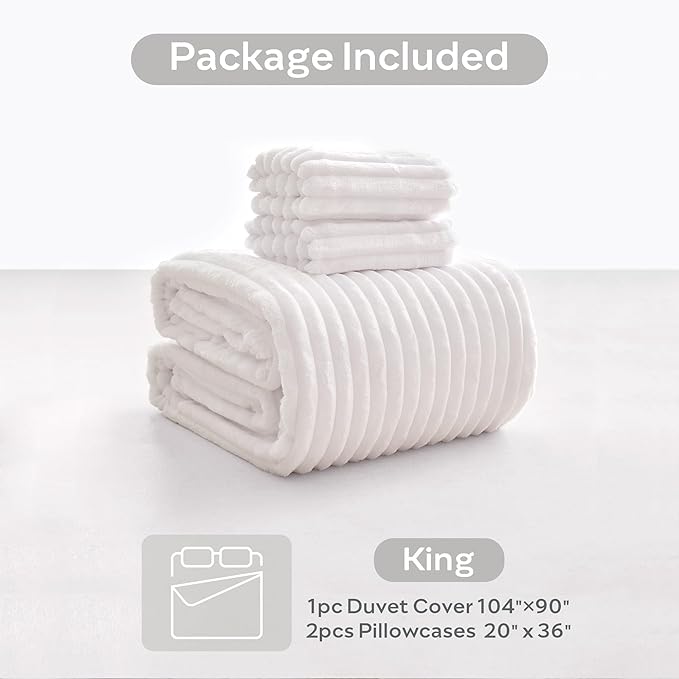 JELLYMONI Plush Duvet Cover Set - King Size Beige Striped Fluffy Comforter Cover 3pcs Bedding Set Luxury Ultra Soft Faux Fur Duvet Cover with Zipper and 2 Pillowcases (NO Comforter)
