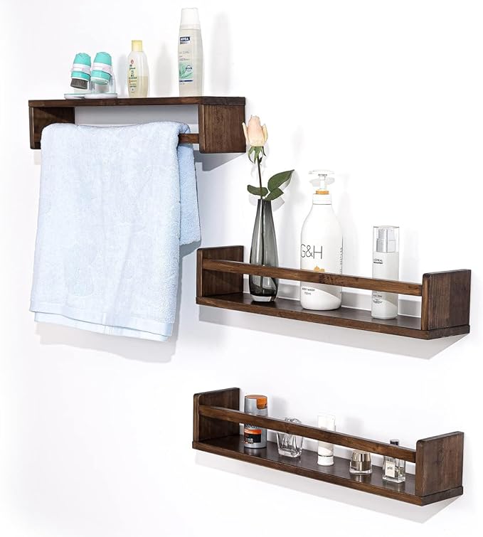 AZSKY Nursery Book Shelves 24 Inch Deep Walnut Floating Bookshelf for Kids Room Wall Mounted Floating Shelves Solid Nursery Bookshelf Perfect Decor for Kitchen Bedroom Living Room Set of 3