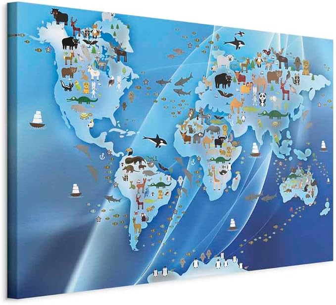 artgeist Canvas Wall Art Print World Map for Children 24x16 in - 1pcs Home Decor Framed Stretched Picture Photo Painting Artwork Image - Map Kindergarten Animals Blue k-C-0138-b-a