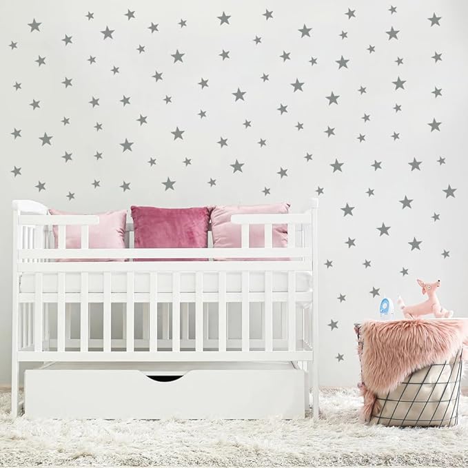 Assorted Silver Star Wall Vinyl Decals Stickers - 112pcs (1.18" to 1.97" Sizes) – Easy Peel and Stick, Perfect for Nursery, Kids Room, Bedroom Décor by BugyBagy