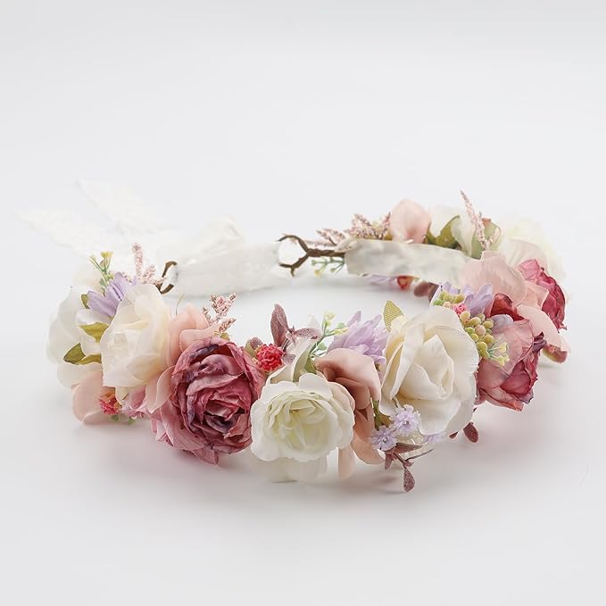 Flower Crown for Girls Children Floral Headpiece Pink Kids Headband Wedding Holo Hair Accessories Birthday Photo Prop (Dark Pink)