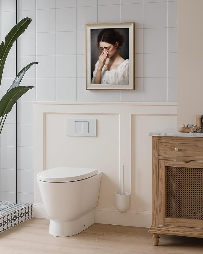 Framed Canvas Wall Art, 12x16 Inch Vintage Inspired Portrait of Woman with Subtle Humor, Classic Oil Painting Style Funny Bathroom and Bedroom Decor